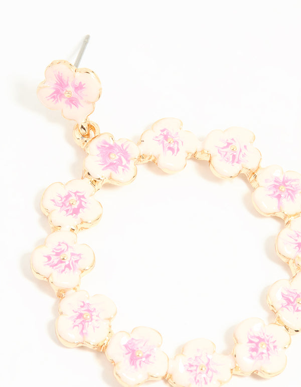 Gold Pink Flower Drop Earrings