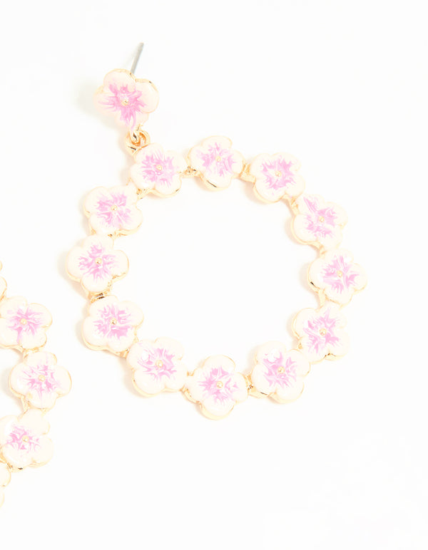 Gold Pink Flower Drop Earrings