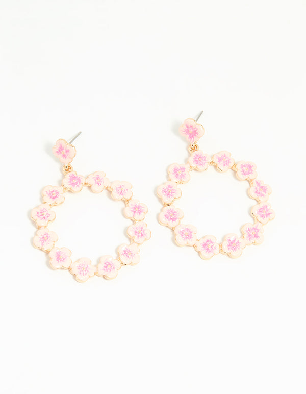 Gold Pink Flower Drop Earrings