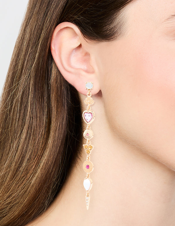 Gold Diamante Multi Shaped Long Drop Earrings