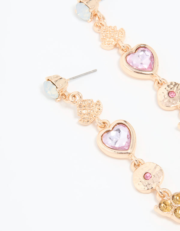 Gold Diamante Multi Shaped Long Drop Earrings