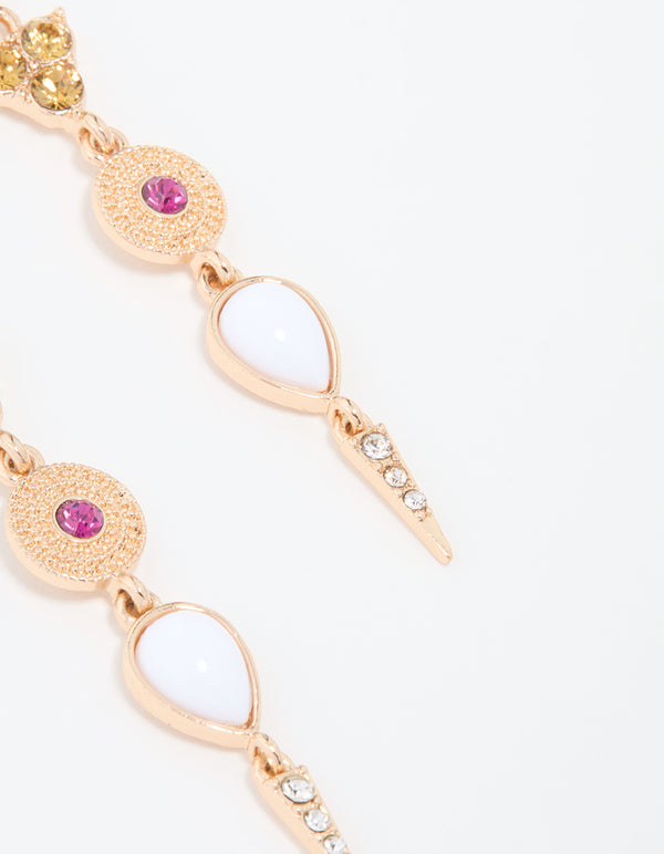 Gold Diamante Multi Shaped Long Drop Earrings