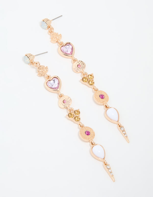 Gold Diamante Multi Shaped Long Drop Earrings