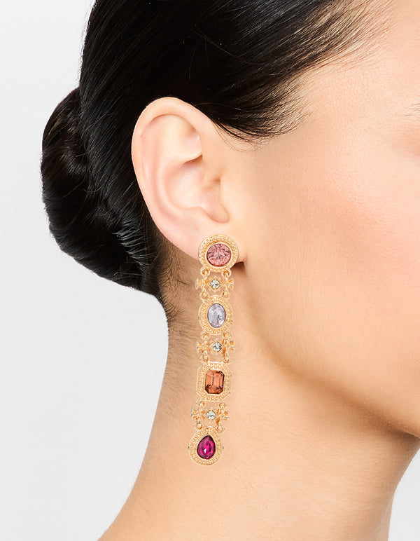 Gold Multicoloured Diamante Link Drop Earrings