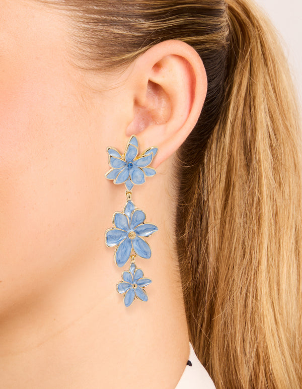 Gold Blue Triple Flower Drop Earrings