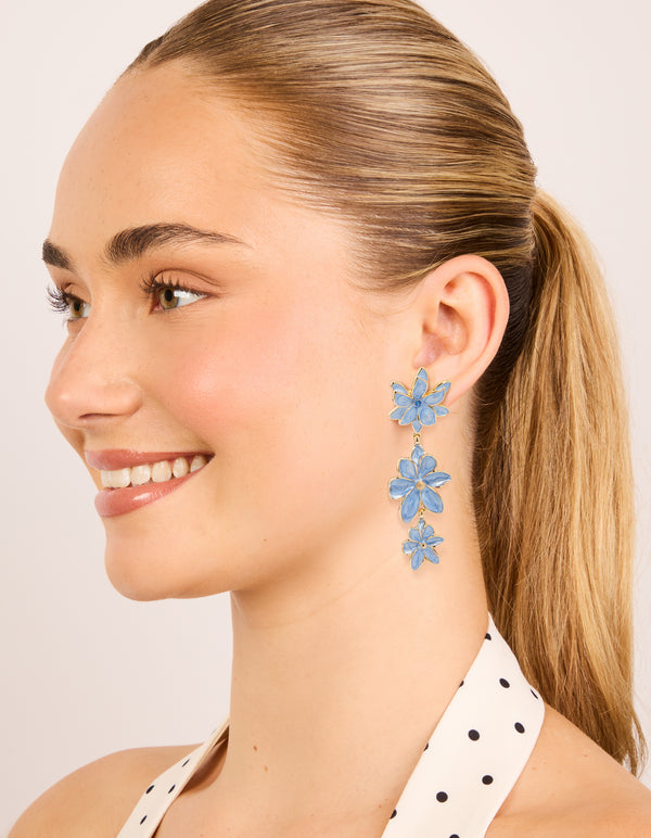 Gold Blue Triple Flower Drop Earrings