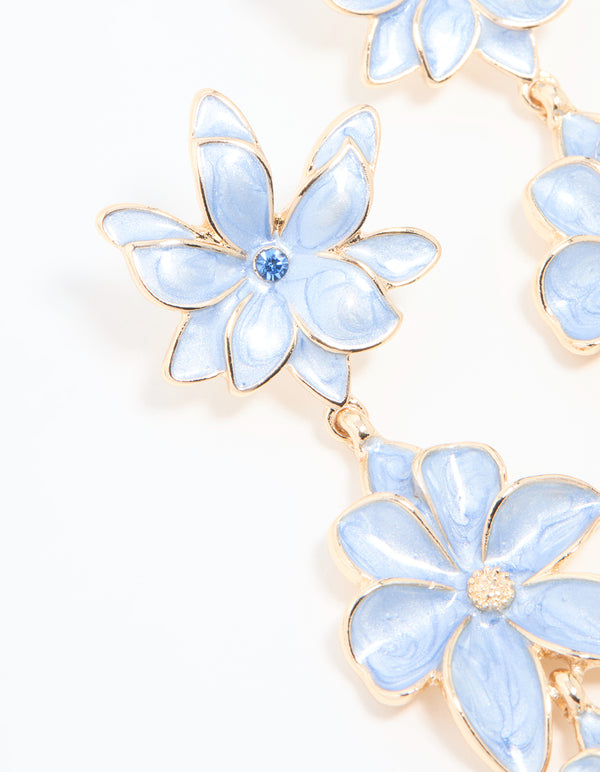 Gold Blue Triple Flower Drop Earrings