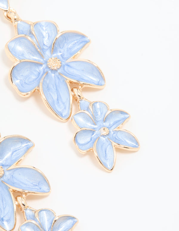 Gold Blue Triple Flower Drop Earrings