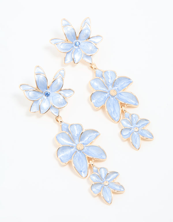 Gold Blue Triple Flower Drop Earrings