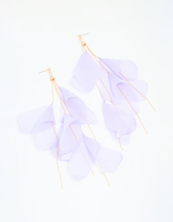 Gold Purple Fabric Petal Drop Earrings