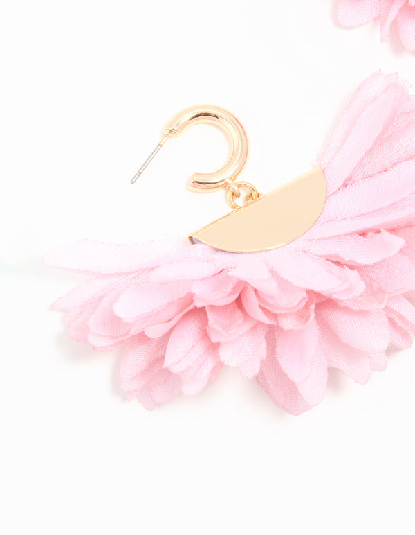 Gold Pink Fabric Large Petal Huggie Earrings