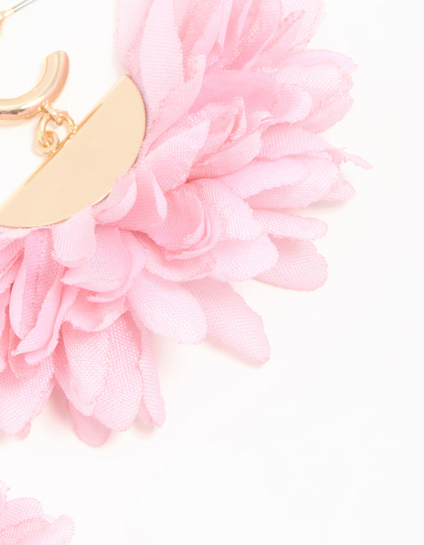 Gold Pink Fabric Large Petal Huggie Earrings