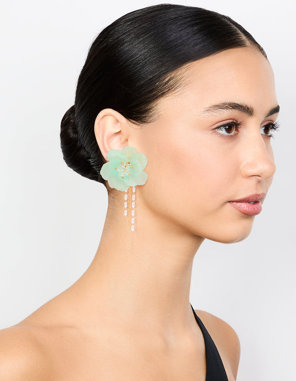Gold Blue Flower Chain Drop Earrings