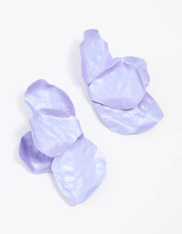 Gold Purple Coated Metal Flower Petal Drop Earrings