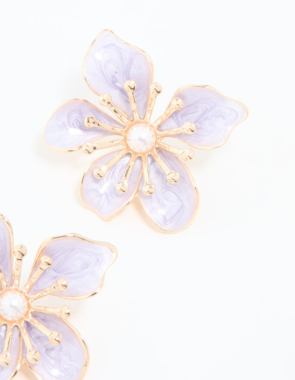 Gold Purple Misshaped Flower Stud Earrings