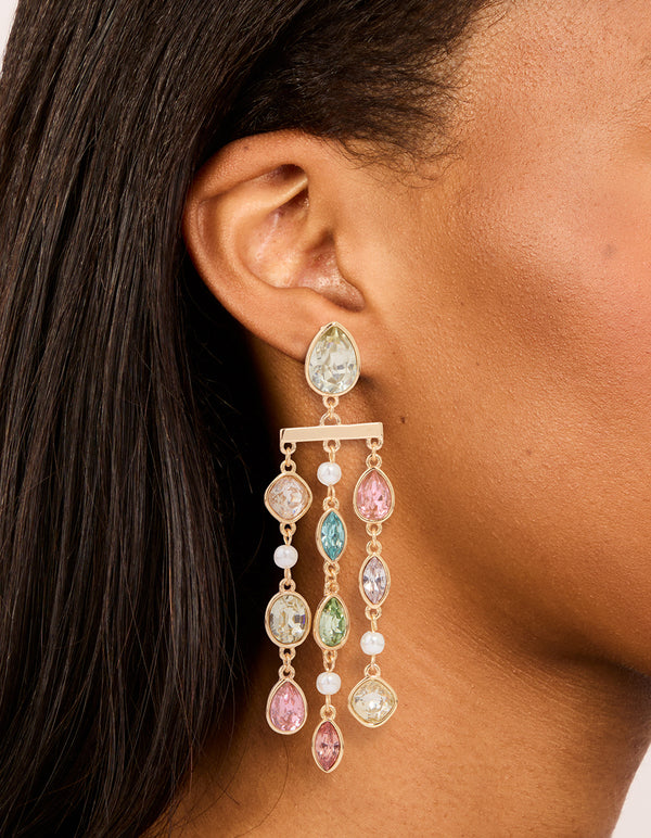 Gold Multicoloured Diamante Pear Drop Earrings