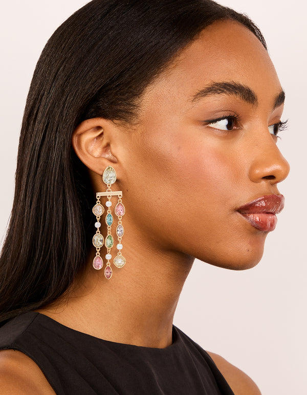 Gold Multicoloured Diamante Pear Drop Earrings
