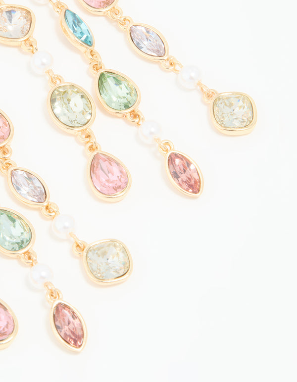Gold Multicoloured Diamante Pear Drop Earrings