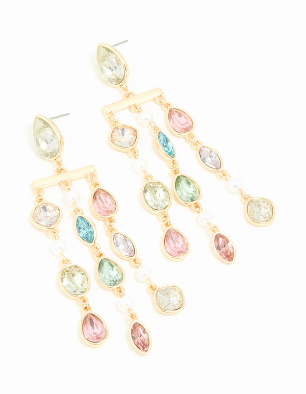 Gold Multicoloured Diamante Pear Drop Earrings