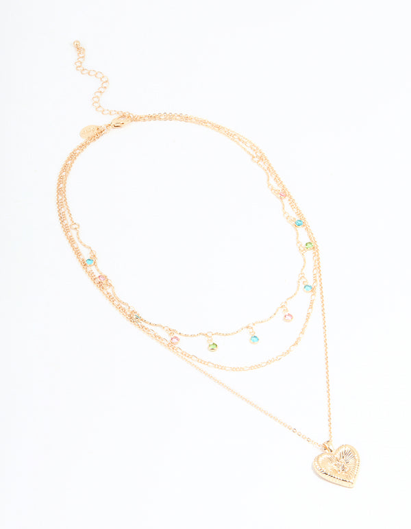 Gold Multicoloured Diamantes & Heart Layered Necklace