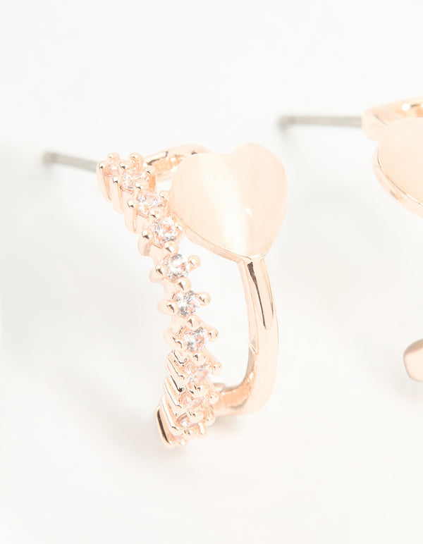 Rose Gold Plated Cubic Zirconia Double Heart Hoop Earrings