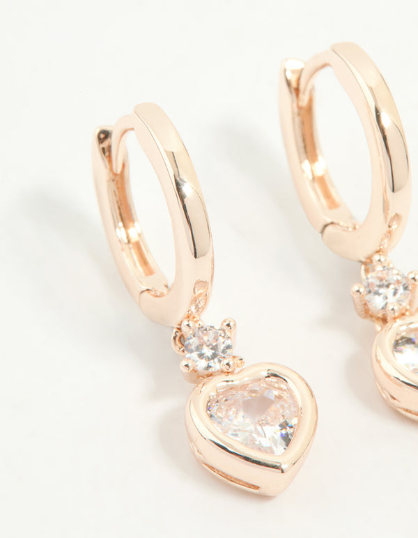 Rose Gold Plated Cubic Zirconia Heart Drop Huggie Earrings