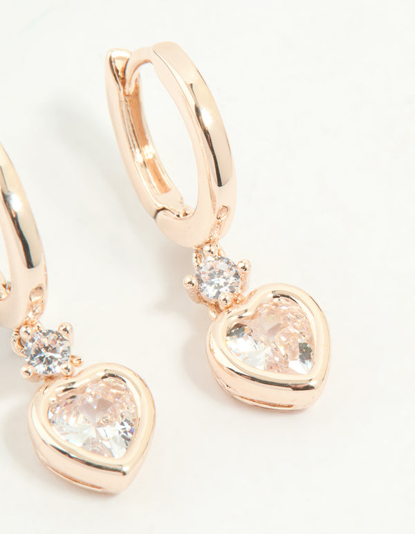 Rose Gold Plated Cubic Zirconia Heart Drop Huggie Earrings
