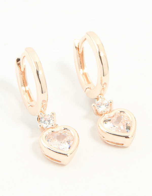 Rose Gold Plated Cubic Zirconia Heart Drop Huggie Earrings