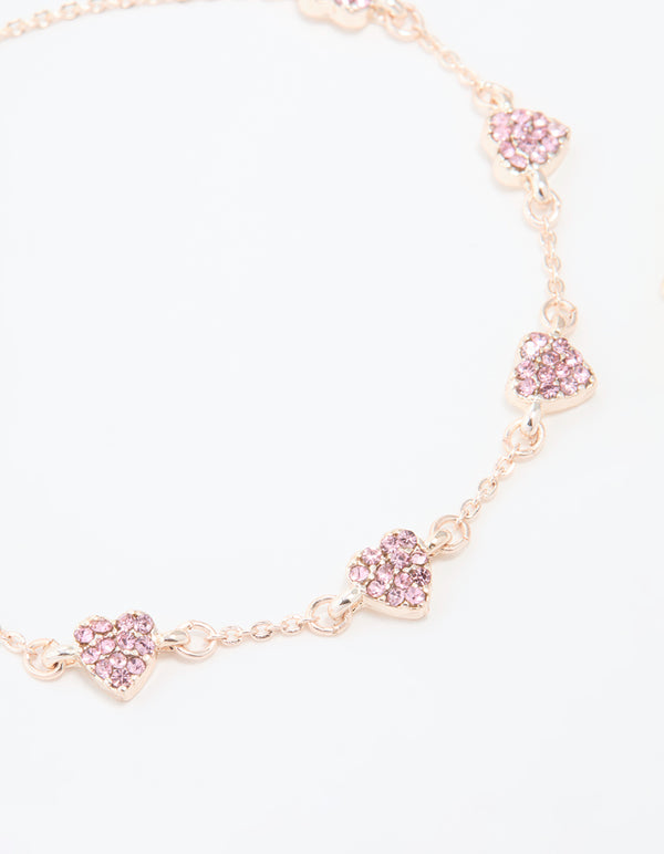 Rose Gold Plated Pink Cubic Zirconia Hearts Bracelet
