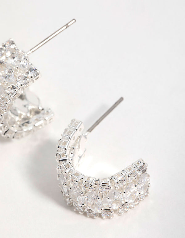 Silver Plated Cubic Zirconia Marquise Center Strap Hoop Earrings