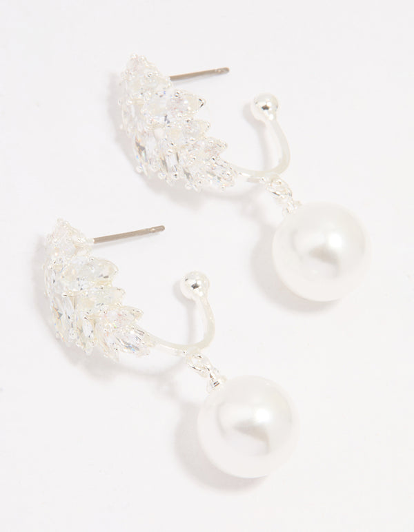 Silver Plated Cubic Zirconia Pearl Vine Hoop Earrings