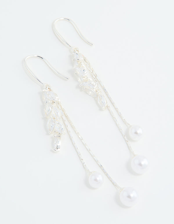 Silver Plated Cubic Zirconia Pearl Leaf Drop Hook Earrings