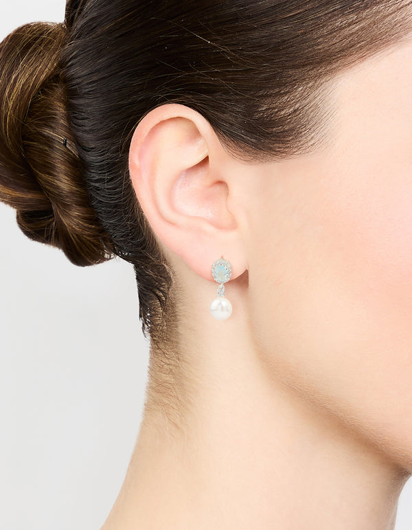 Silver Plated Blue Cubic Zirconia Freshwater Pearl Halo Drop Earrings