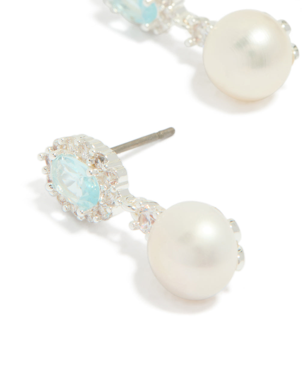 Silver Plated Blue Cubic Zirconia Freshwater Pearl Halo Drop Earrings