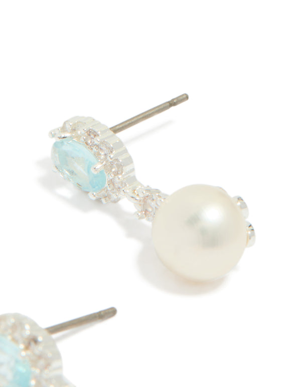 Silver Plated Blue Cubic Zirconia Freshwater Pearl Halo Drop Earrings