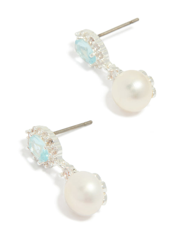 Silver Plated Blue Cubic Zirconia Freshwater Pearl Halo Drop Earrings