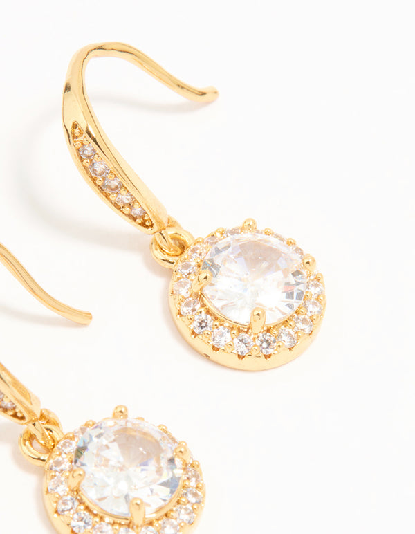 Gold Plated Cubic Zirconia Round Halo Drop Earrings