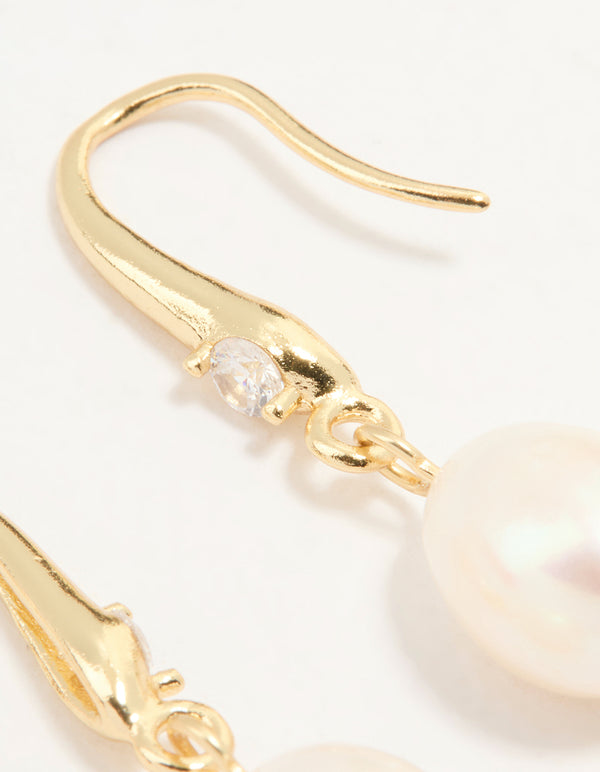 Gold Plated Cubic Zirconia Freshwater Pearl Drop Hook Earrings