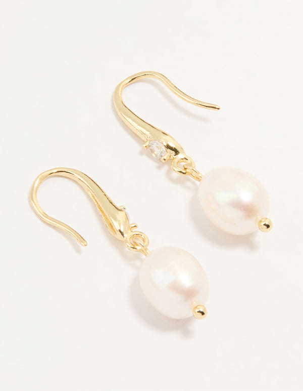 Gold Plated Cubic Zirconia Freshwater Pearl Drop Hook Earrings