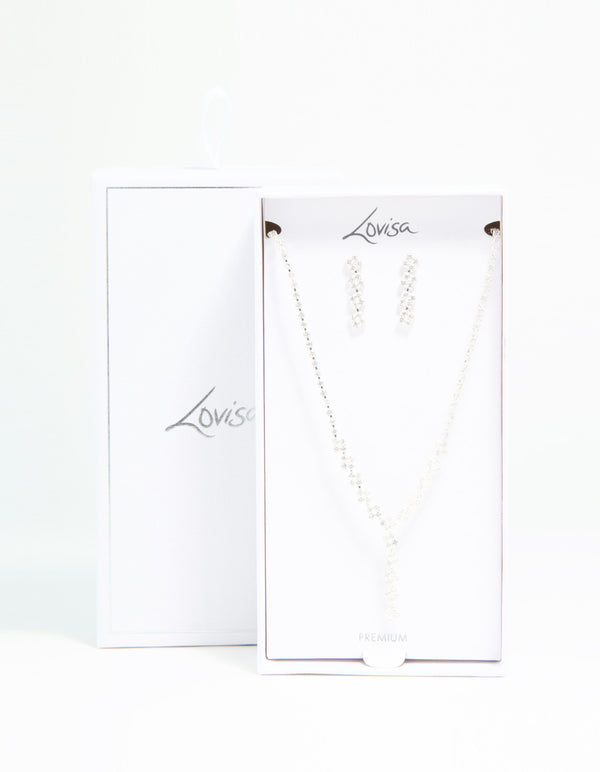 Silver Plated Cubic Zirconia Diamond Shaped Necklace & Earrings Set