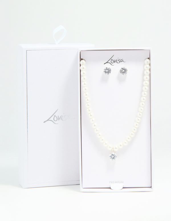 Silver Plated Pearl Cubic Zirconia Necklace & Earrings Set