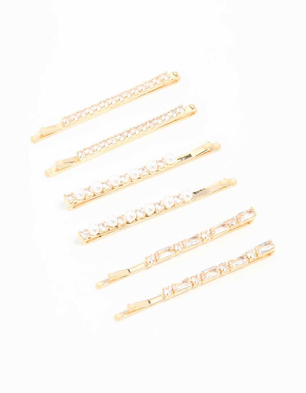Featuring gold cubic zirconia and pearl hair clips in a 6-pack front view