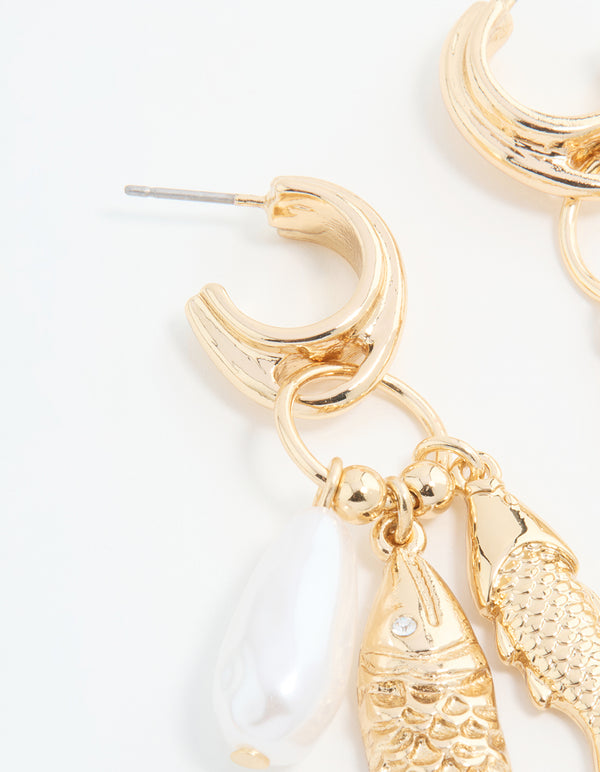 Gold Pearl Fish Charm Hoop Earrings