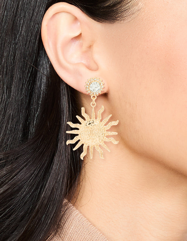Gold Diamante Smiley Textured Sun Drop Earrings