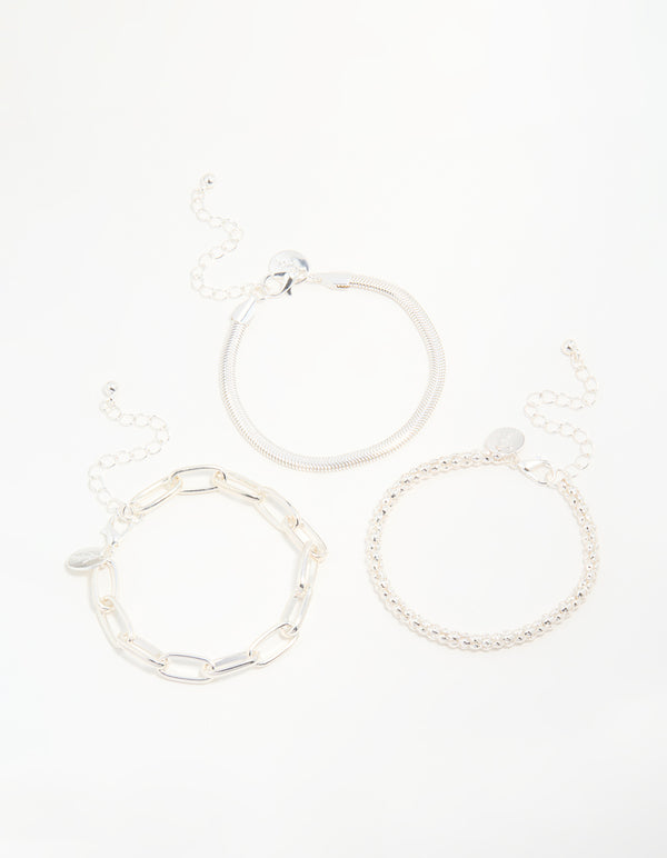 Silver Mixed Chains Bracelet 3-Pack