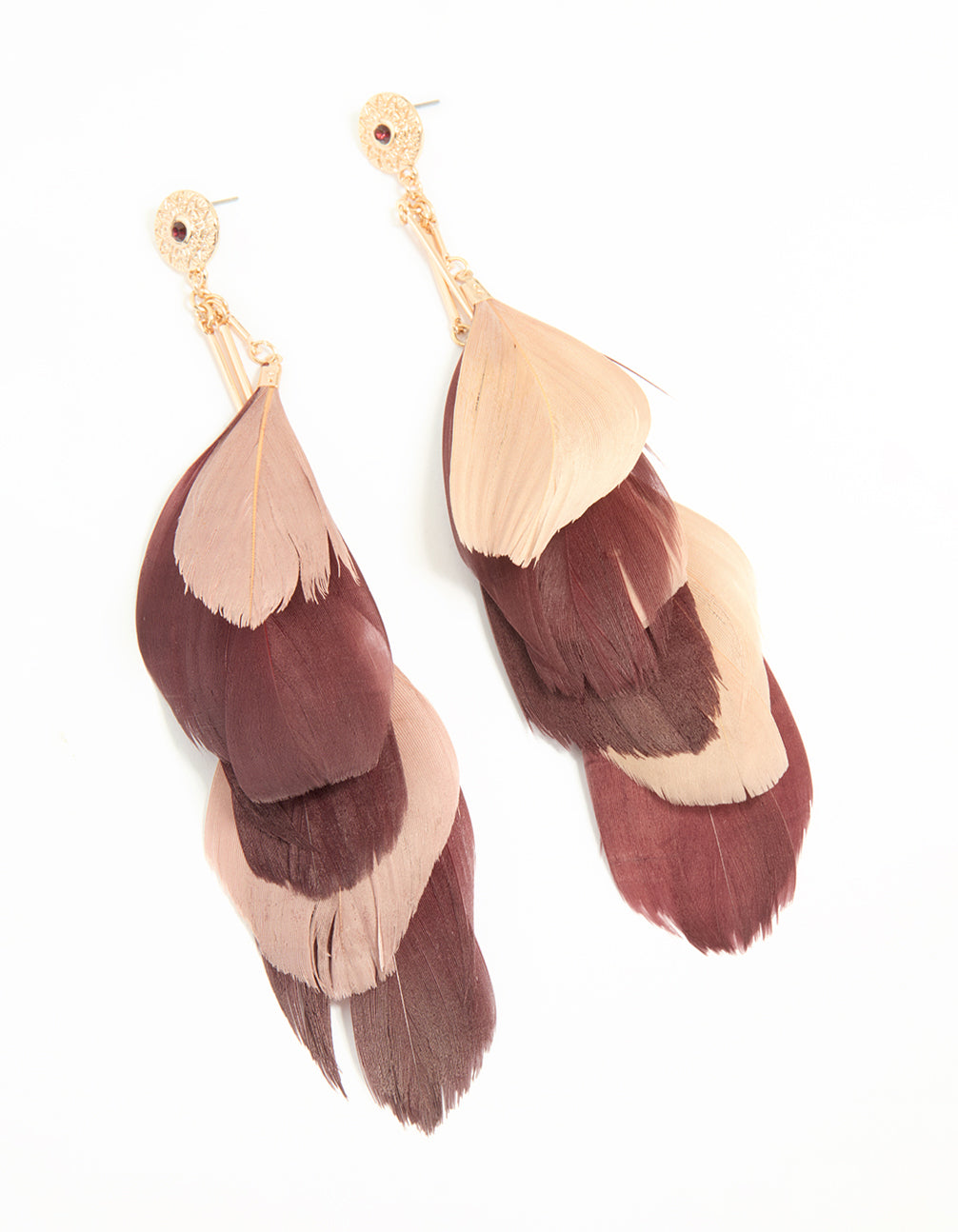 Gold Burgundy & Pink Feather Drop Earrings
