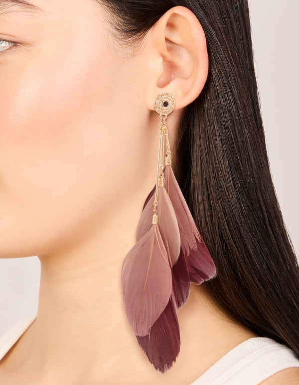 Gold Burgundy & Pink Feather Drop Earrings