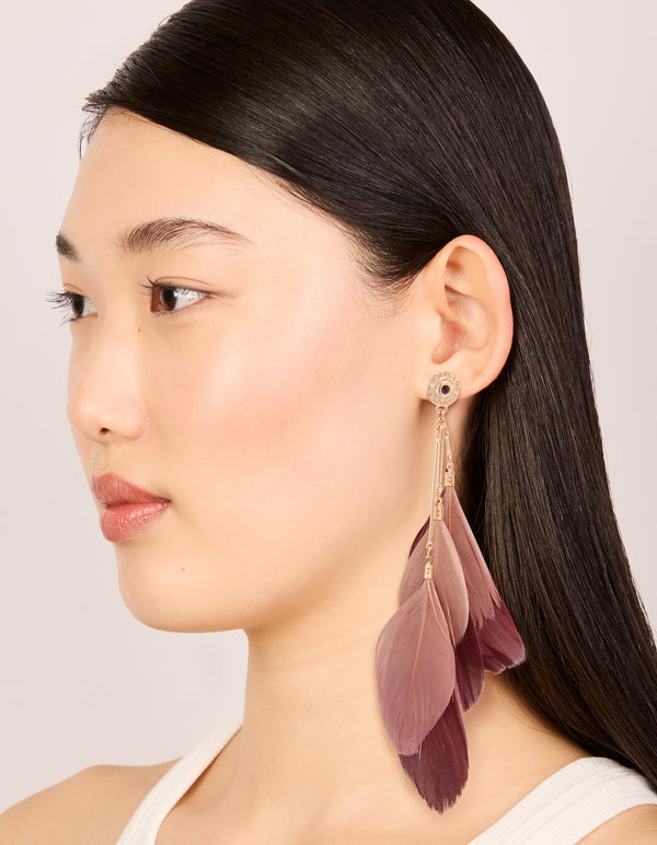 Gold Burgundy & Pink Feather Drop Earrings