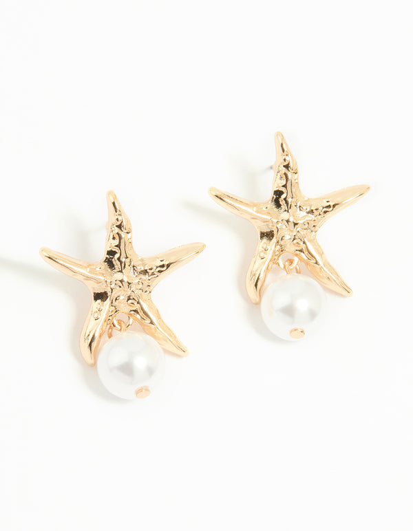 Gold Pearl Starfish Drop Earrings