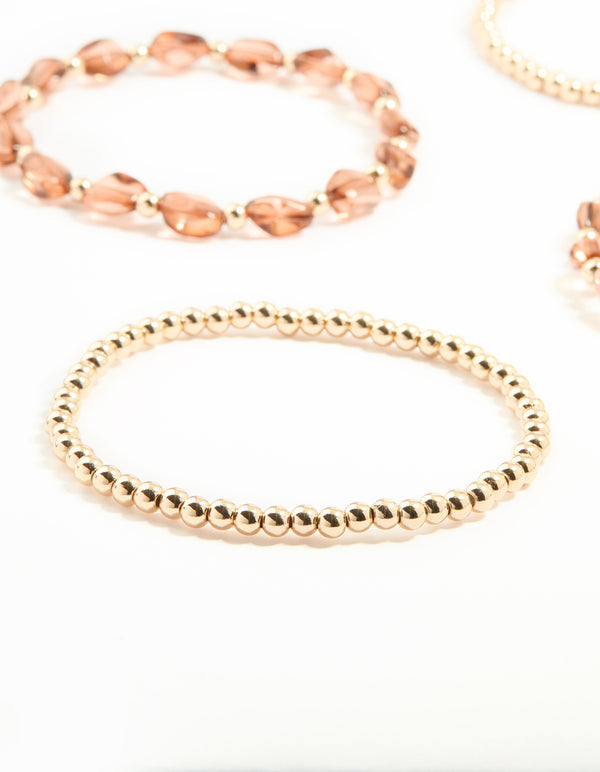 Gold Brown Beaded Stretch Bracelets 6-Pack